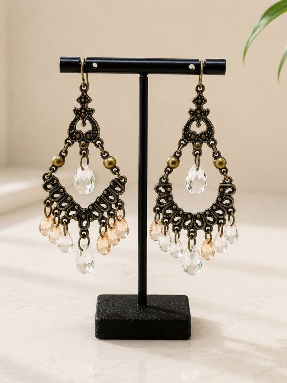 Antique Bronze Chandelier Earrings With Crystal & Peach Beads Dangling Teardrop